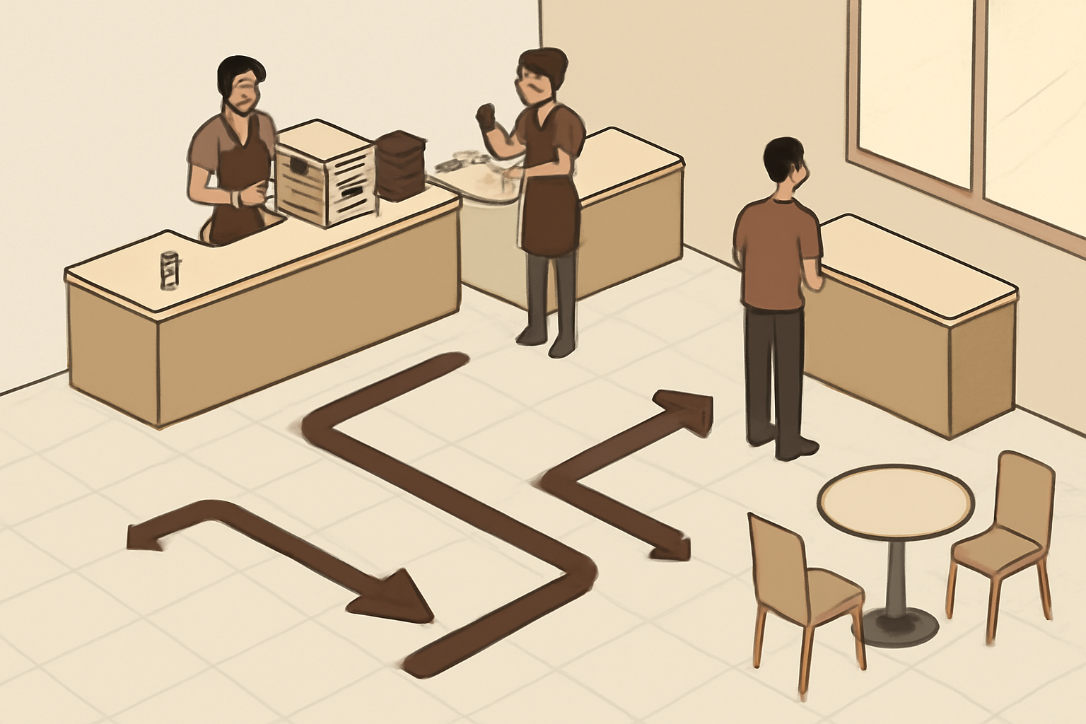 coffee shop workflow: راقب الخدمة من مساحة الزوار رسم توضيحي لمسار العمل في مقهى، بيظهر منطقة الطلب والتحضير والاستلام وممرات حركة واضحة بين المحطات، من غير أسماء أو لافتات مكتوبة.
