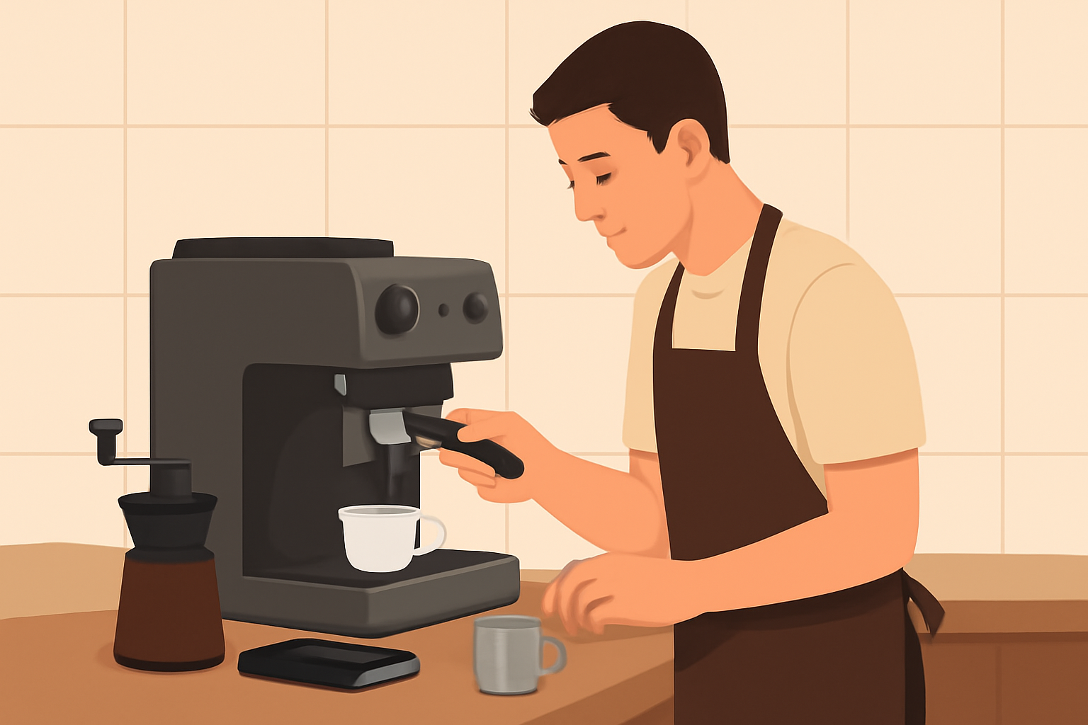 coffee shop workflow: راقب الخدمة من مساحة الزوار مشهد توضيحي جانبي لباريستا بيحضّر مشروب قهوة على محطة نظيفة، مع ميزان وأدوات قريبة منه، من غير ما يوحي بحدث أو تدريب حقيقي.