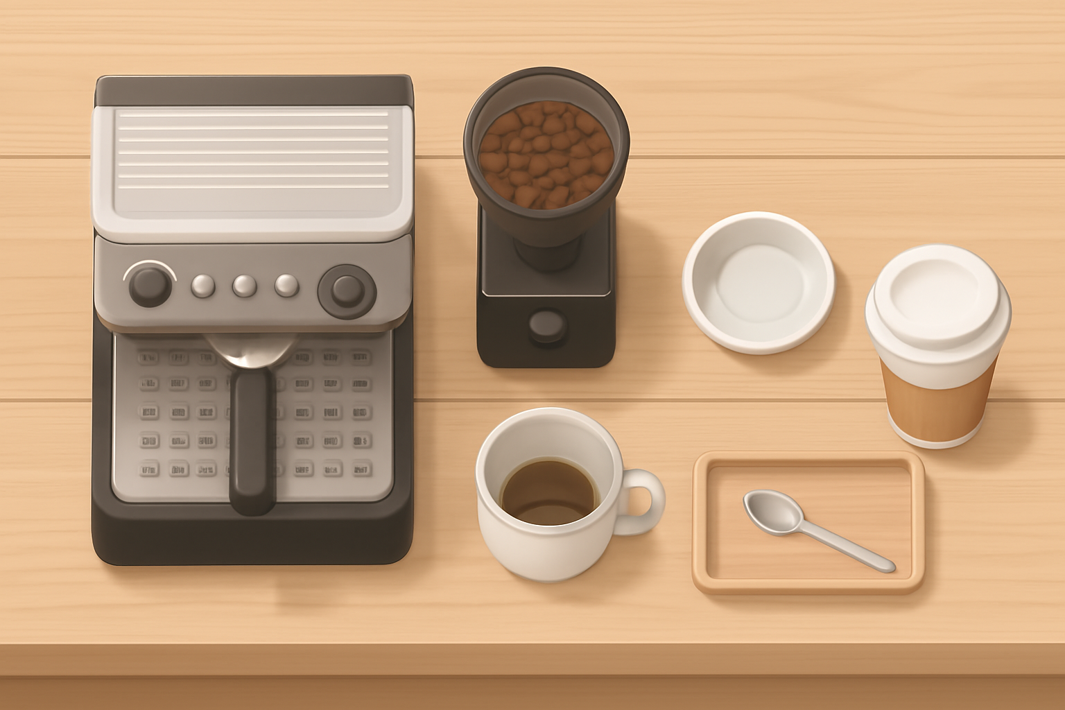coffee shop workflow: راقب الخدمة من مساحة الزوار مشهد توضيحي من أعلى لمحطة قهوة مرتبة، فيها ماكينة إسبريسو ومطحنة وأكواب بين منطقة التحضير ومكان استلام الطلبات، من غير شعارات أو كتابة.